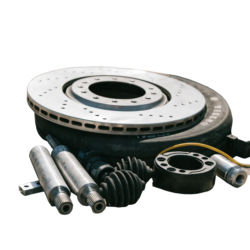Automotive performance parts including a drilled brake rotor, axle shafts, CV joints, and suspension components on a black background